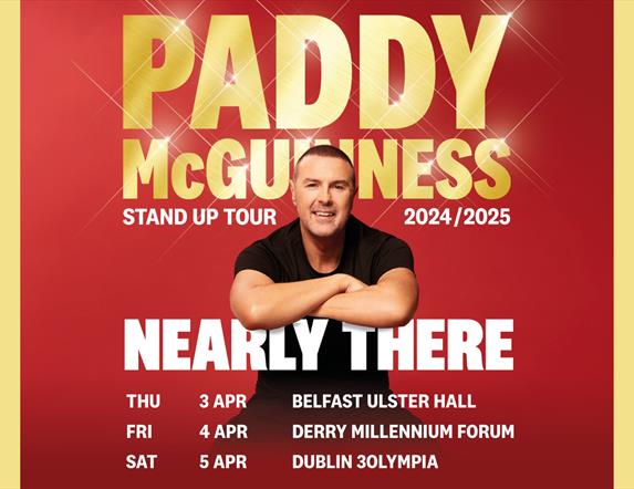 Promotional image of Paddy McGuinness with text showing the dates and locations of his tour.