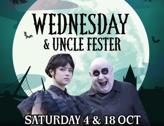 Wednesday & Uncle Fester Characters at Richmond Centre this Halloween