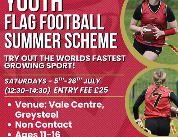 Promotional poster for the Northwest Vipers Youth Flag Football Summer Scheme. Features the Northwest Vipers American Football Club logo at the top. M