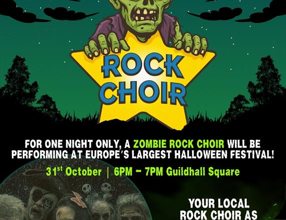 zombie holding rock choir logo