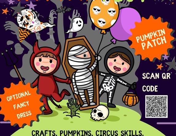 **Alt text:**  Colorful Halloween-themed poster for St. Columba's Autumn Fest. Features cartoon children in Halloween costumes (devil, mummy, skeleton