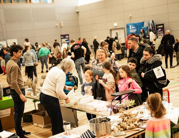 Families with young children  visit some stalls at a science fair