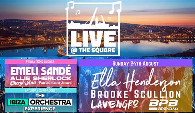 The lineup of artists and the Live at the Square logo.