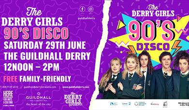 Derry Girls cast in a purple backdrop for a 0's disco