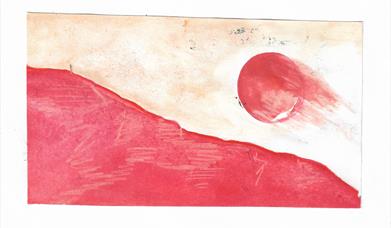 Gouache and pinky-redcoloured pencil on paper which looks like a moon shooting over a descending mountainscape