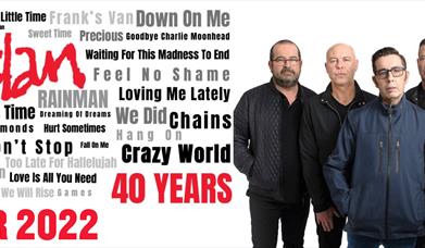 The band of five, Aslan, standing in front of a white background with text in red to the left stating '40 Years Tour 2022' surrounded by the names of