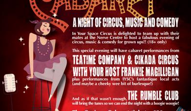 Poster for the Curious Cabaret - a night of circus, music & comedy.