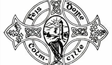 An image of a Celtic cross with Celtic designs around  its edges with the words Feis Dhoire Cholmcille also around the edges. The centre piece has an