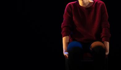 Phoebe Waller-Bridge sits on stool smiling towards audience wearing burgundy jumper and Jeams