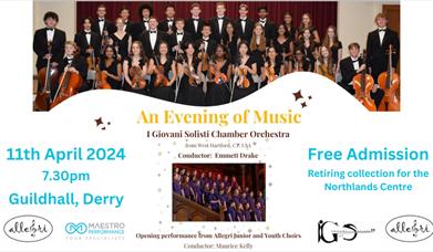 Promotional image for the event, with a picture of an orchestra and the details repeated.