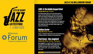 Promotional image for upcoming Jazz events at Millennium Forum