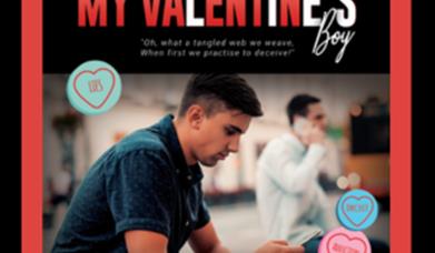 Image of young man sitting contemplating with the text My Valentine's Boy above