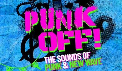 Square promotional image for 'Punk Off! The Sounds of Punk & New Wave,' featuring bold pink and green distressed text on a blue textured background. G