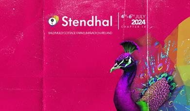 Banner image for the Stendhal Festival 2024, showing a multicoloured peacock on a pink background.