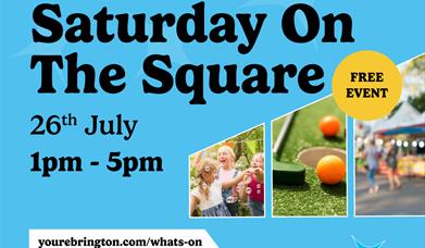 Bright blue event poster for “Saturday On The Square” at Ebrington. Text reads: “WHAT’S HAPPENIN’ EBRINGTON? Saturday On The Square 26th July 1pm – 5p