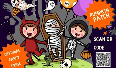**Alt text:**  Colorful Halloween-themed poster for St. Columba's Autumn Fest. Features cartoon children in Halloween costumes (devil, mummy, skeleton