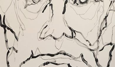 Poster for "FARRELL: Moods and Monochromes," an art exhibition by local artist Brian Farrell. The background features a loose, abstract black-and-whit