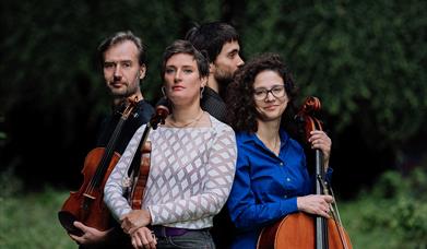 An image of the group posing with their instruments outdoors.