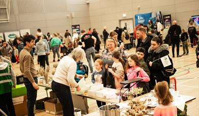 Families with young children  visit some stalls at a science fair