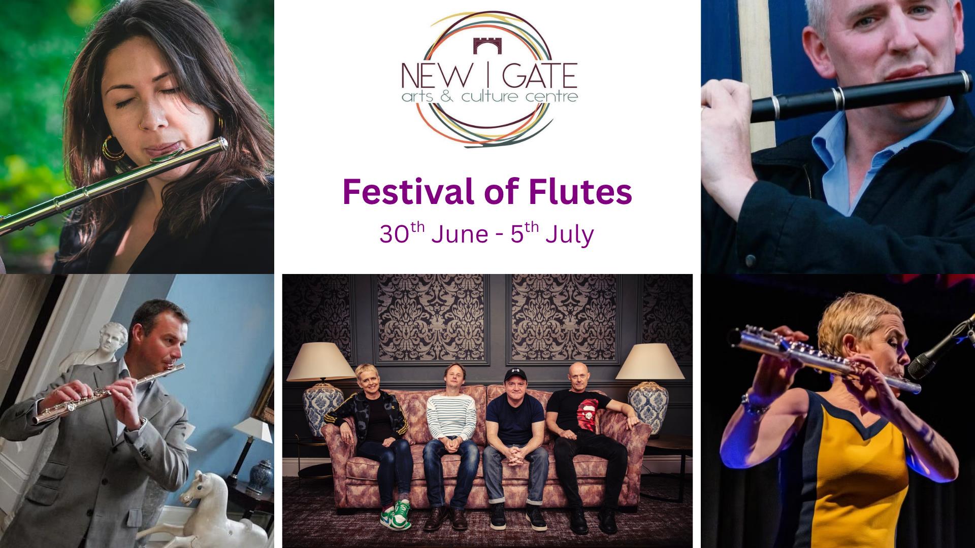 The logo for New Gate Arts & Cultural Centre with images of performers at the Festival of Flutes