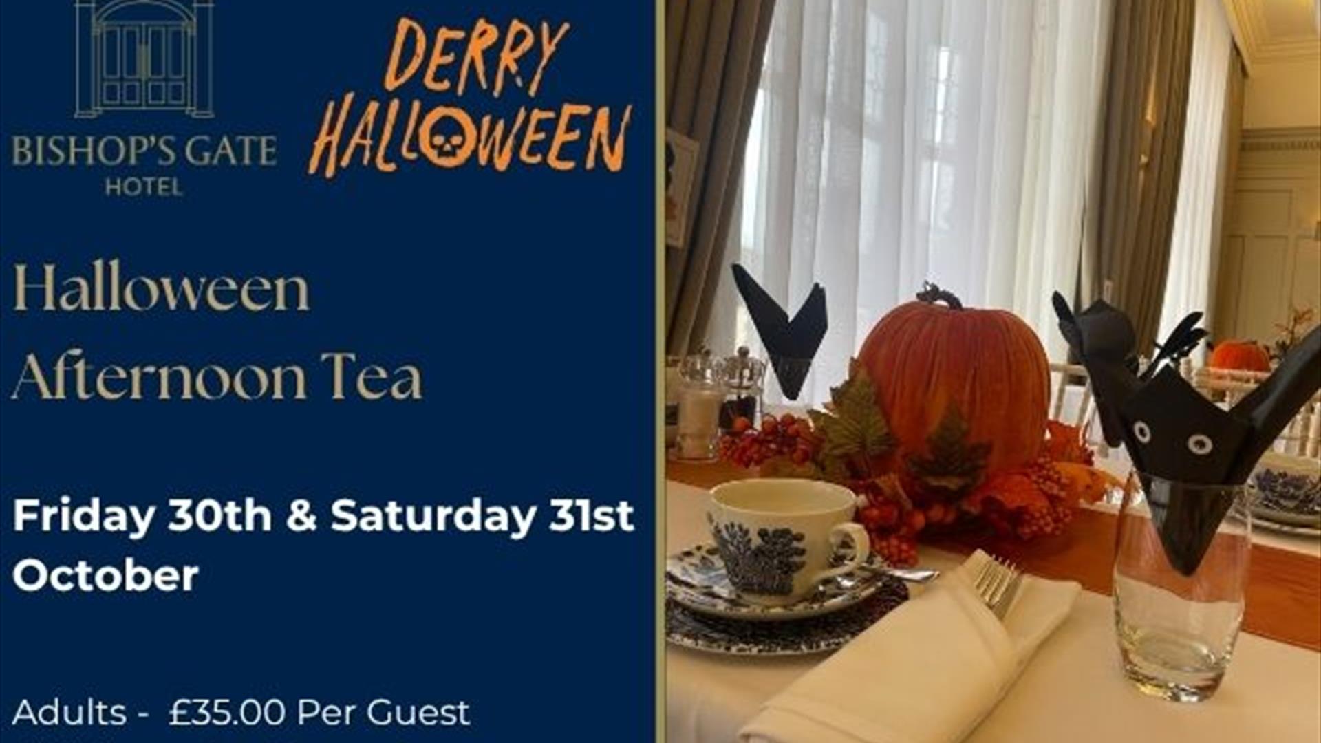 Image shows a table set up for a Halloween Themed Afternoo n Tea