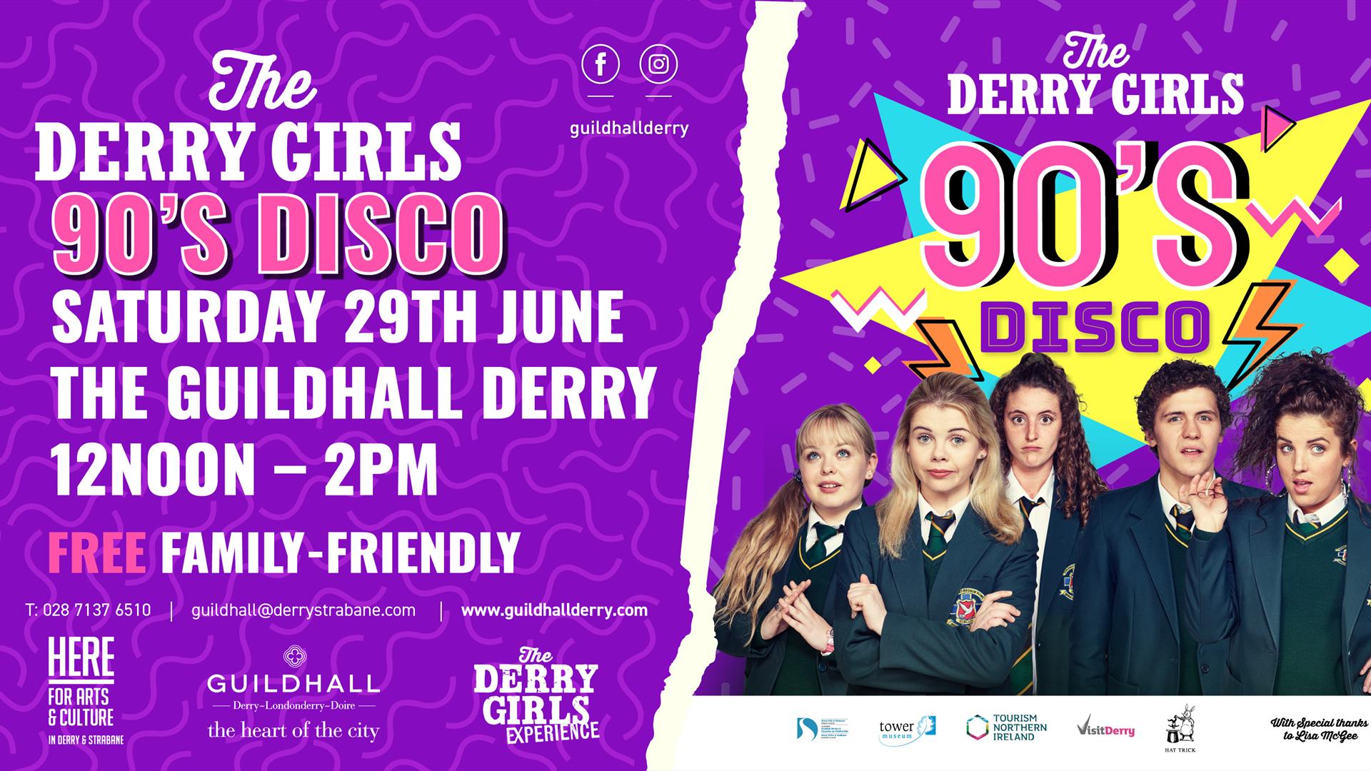 Derry Girls cast in a purple backdrop for a 0's disco