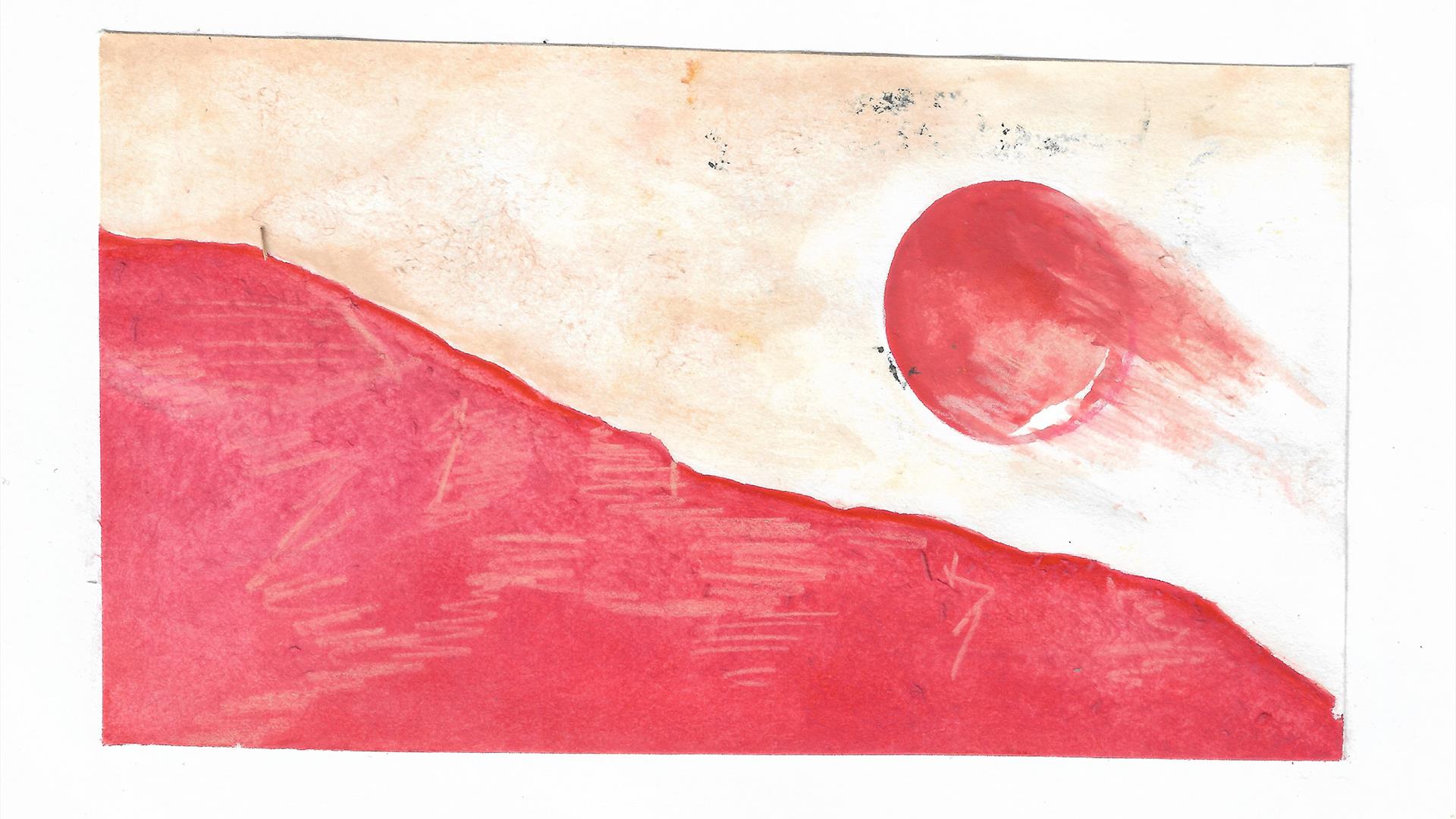 Gouache and pinky-redcoloured pencil on paper which looks like a moon shooting over a descending mountainscape