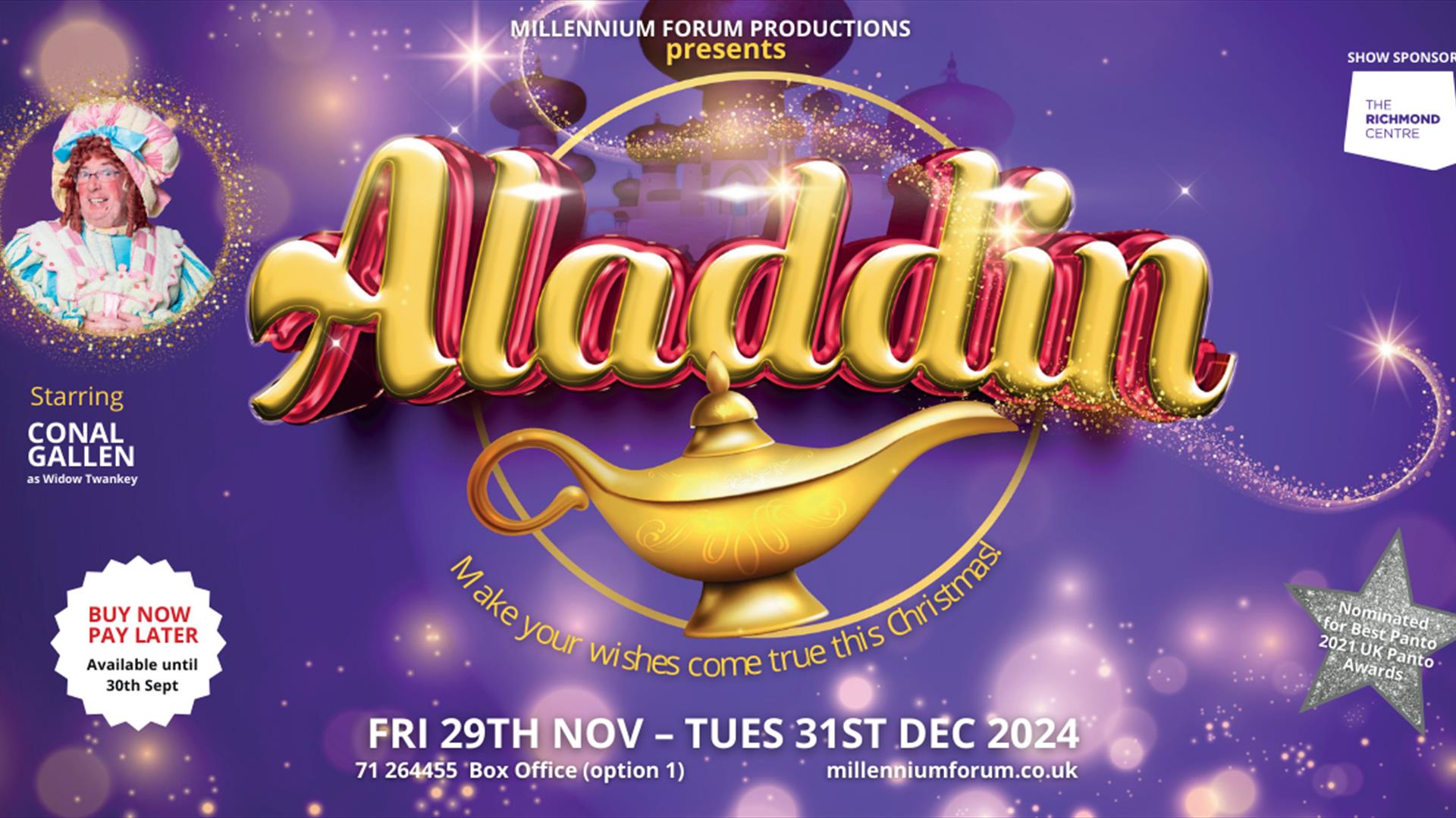 The promotional image for the Aladdin show, with an image of a lamp.