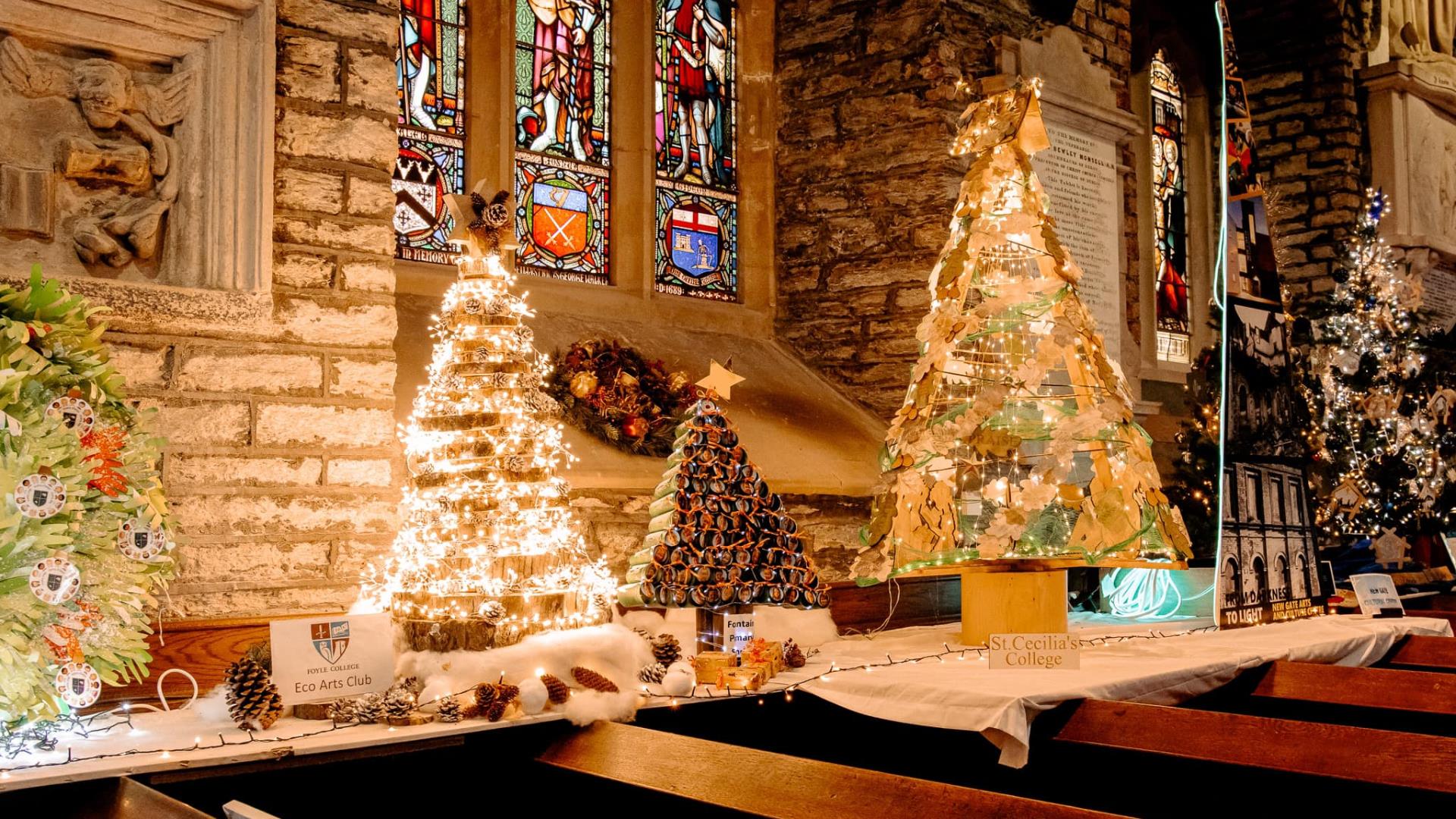 Image of some locally made Christmas Trees as part of the Christmas Festival at St. Columb's Cathedral