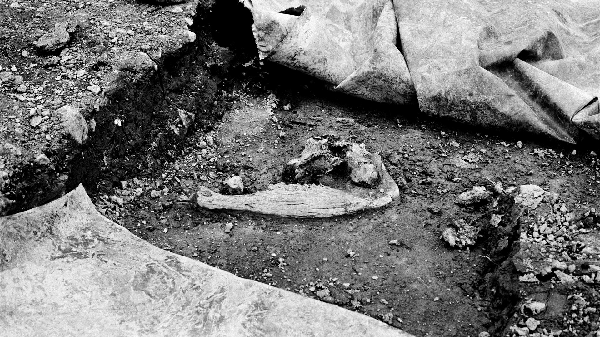 Black and White image of an excavation site  showing  a a dig site with an unidentified solid object in the center . Image taken by the  artist Christ