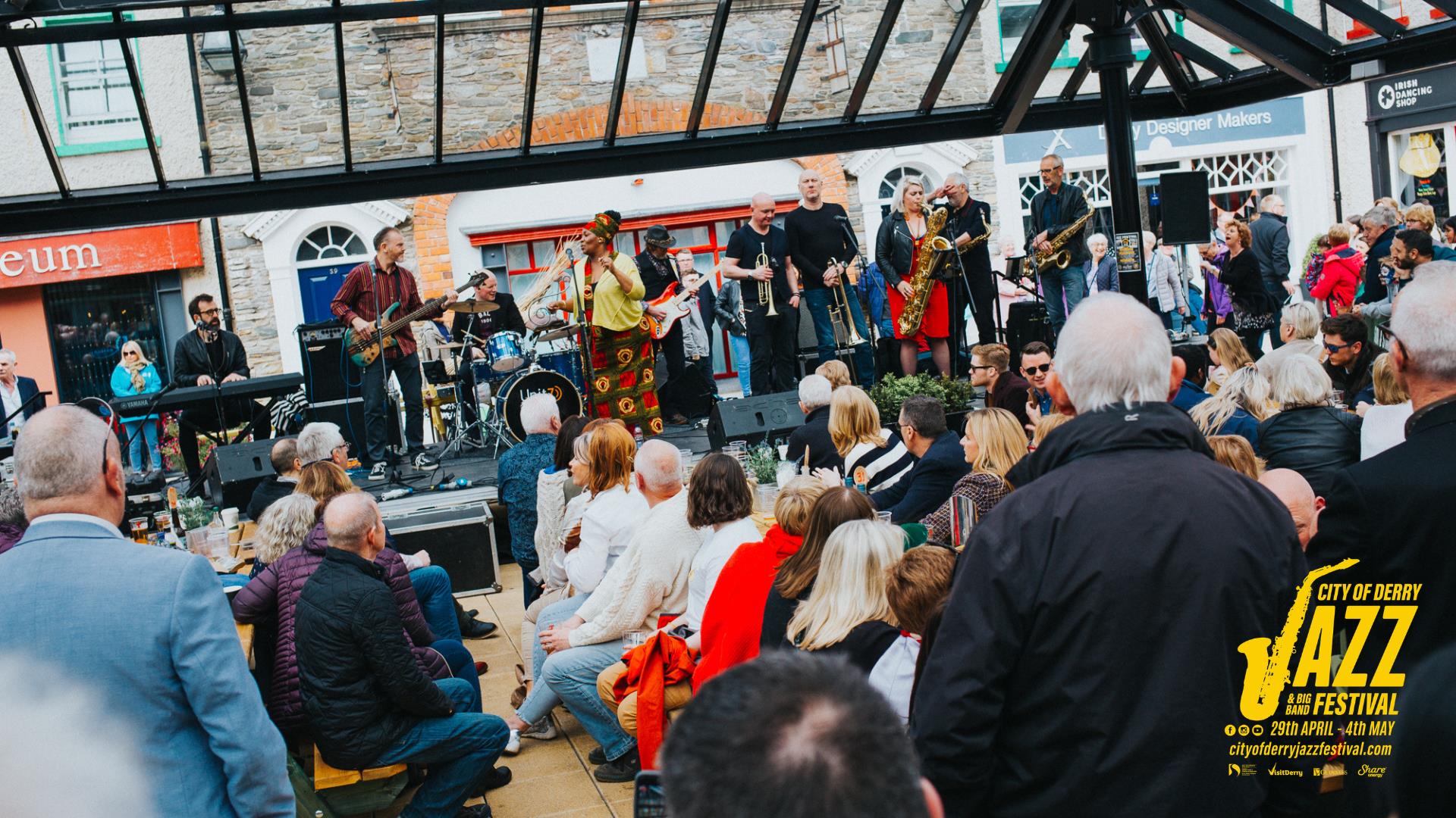 Musicians onstage in the Craft Village during the City of Derry Jazz Festival