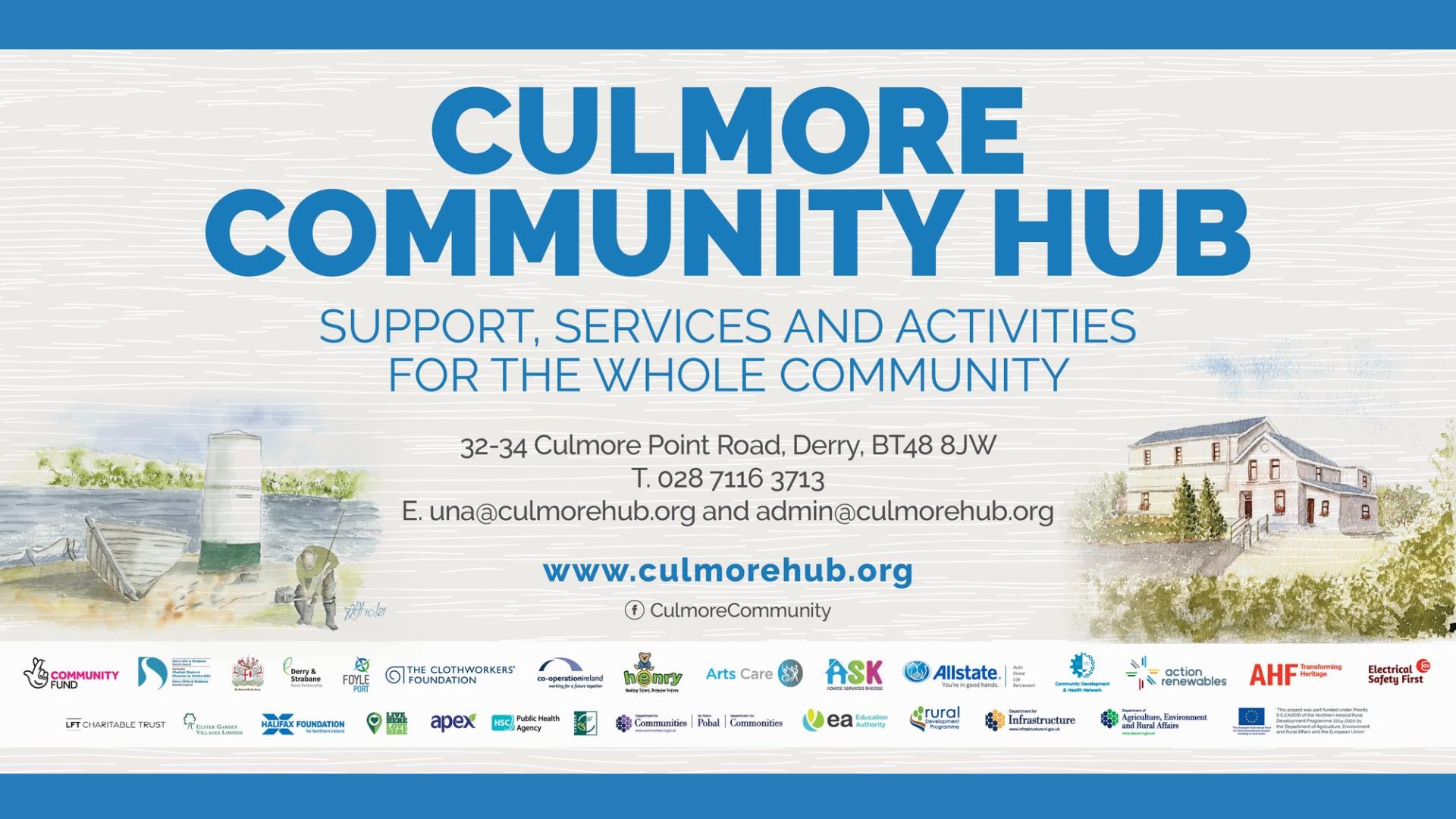 Culmore Community Hub banner, showing their address and website.