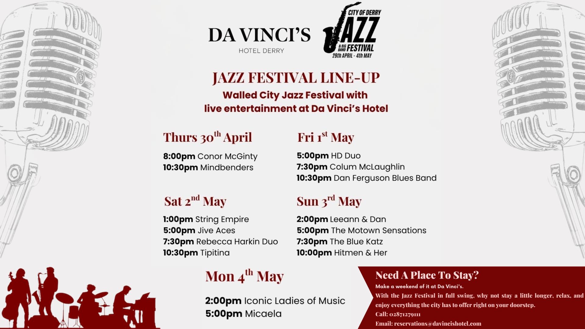 The Da Vinci's Hotel line up of live music from 30th April until 4th May for the City of Derry Jazz Festival