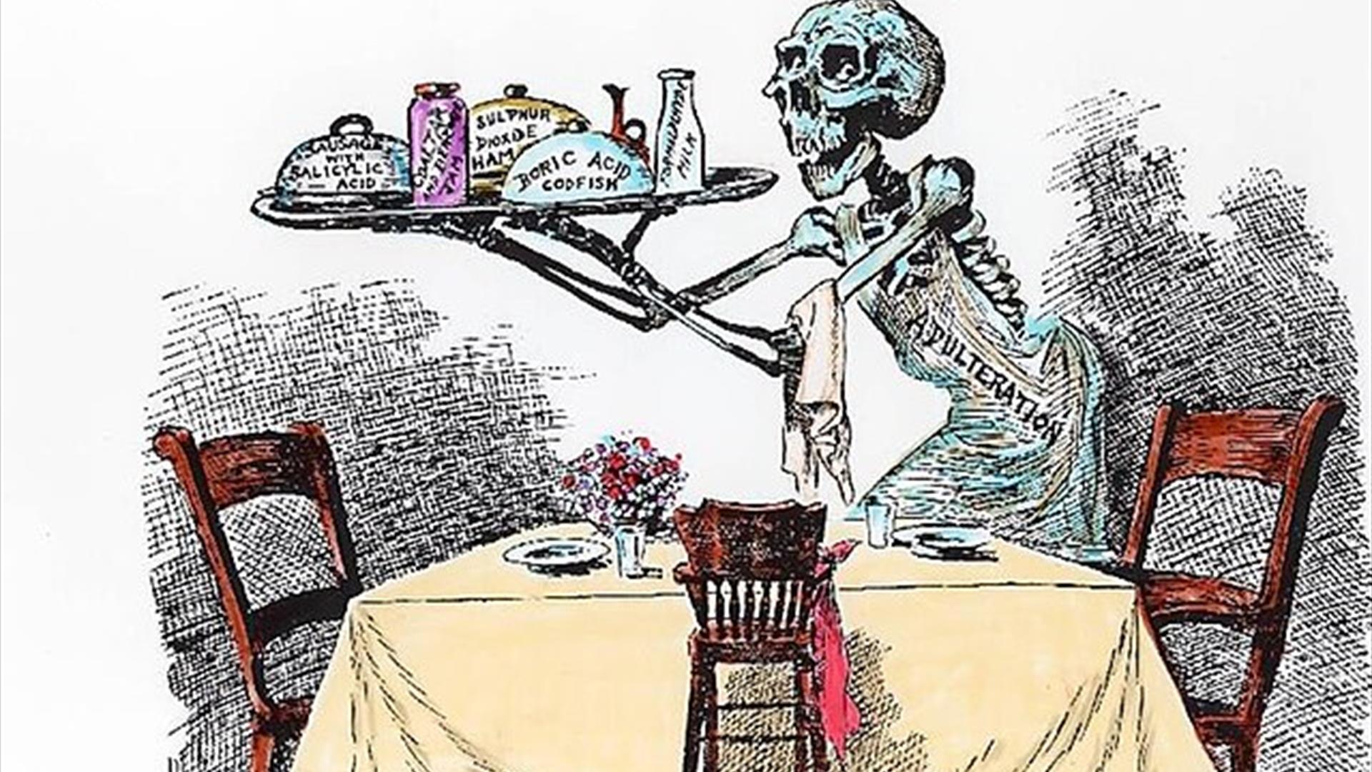 An illustration of a skeleton holding a tray of plates and bottles which are labelled with a range of poisons.