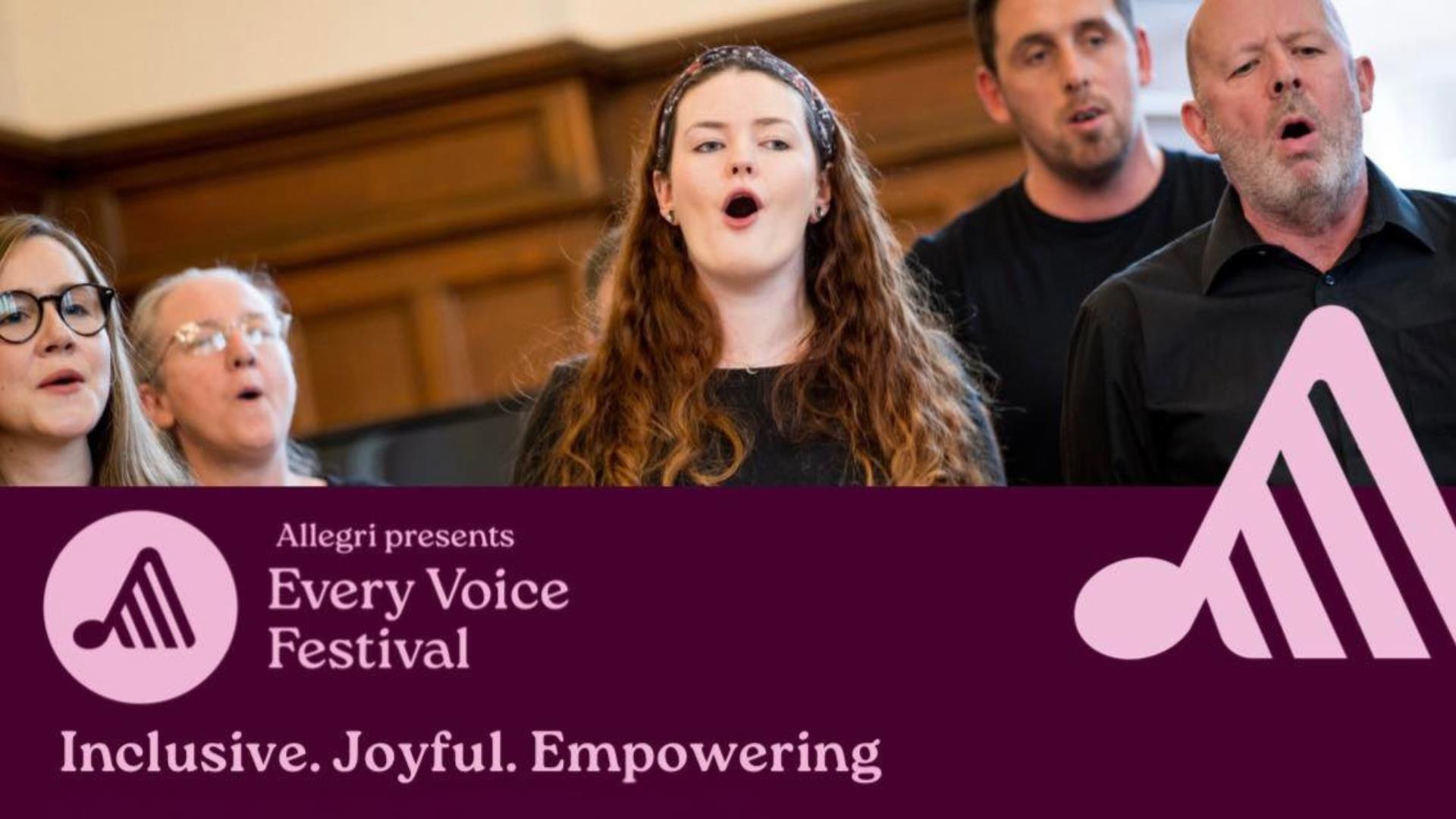 Performers singing during the Every Voice Festival with the new festival logo and Allegri logo