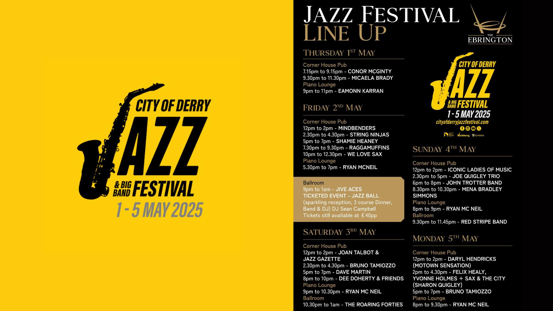 The Ebrington Hotel Jazz lineup and Jazz Festival logo. Details in description.