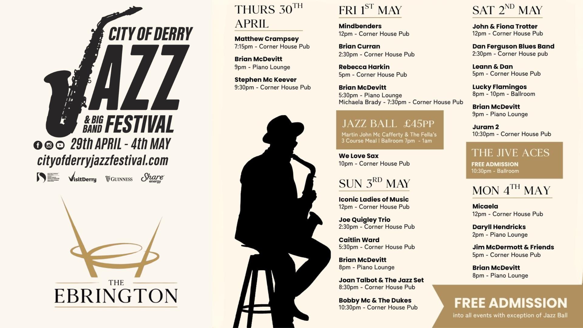 The Ebrington Hotel Jazz lineup and Jazz Festival logo. Details in description.