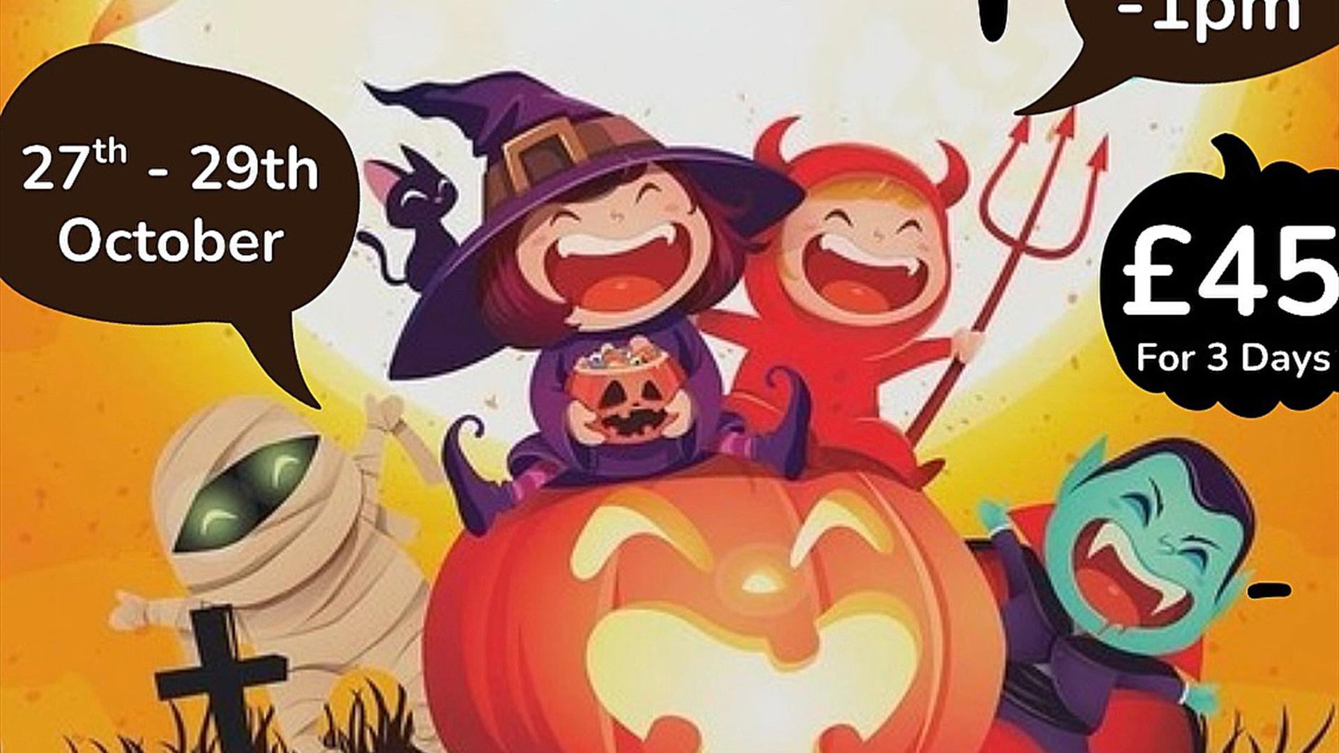 Messy-ween Art Camp poster promoting a 3-day Halloween art camp for children ages 5–11 in Derry. Features Halloween graphics like pumpkins, bats, and
