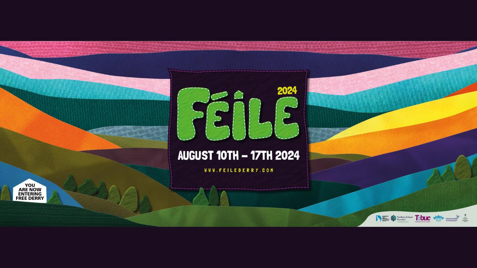 The Féile 2024 logo, on a background of multicoloured hills and the Free Derry Corner on the left-hand side.