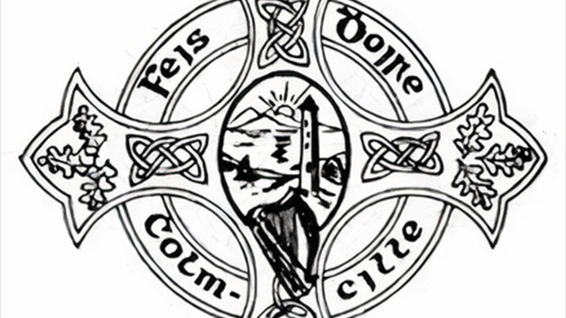 An image of a Celtic cross with Celtic designs around  its edges with the words Feis Dhoire Cholmcille also around the edges. The centre piece has an