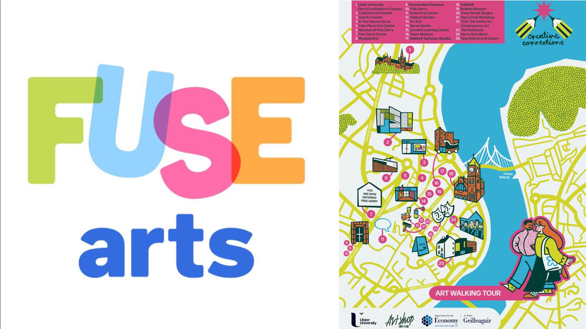 Fuse Arts logo along side a map of the city which includes some of the art centres within the city