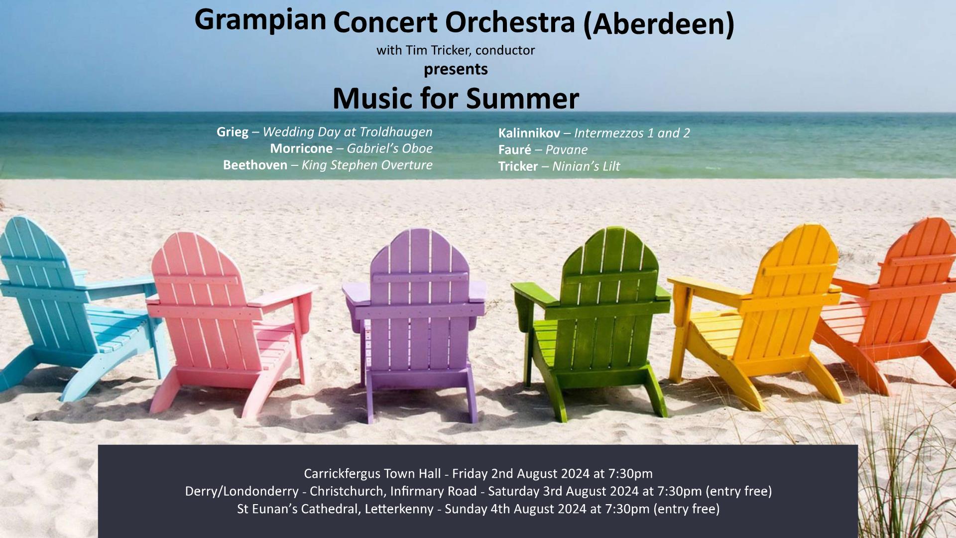 Image of coloured chairs on a beach, overlaid with details about the upcoming Grampian Concert Orchestra performances