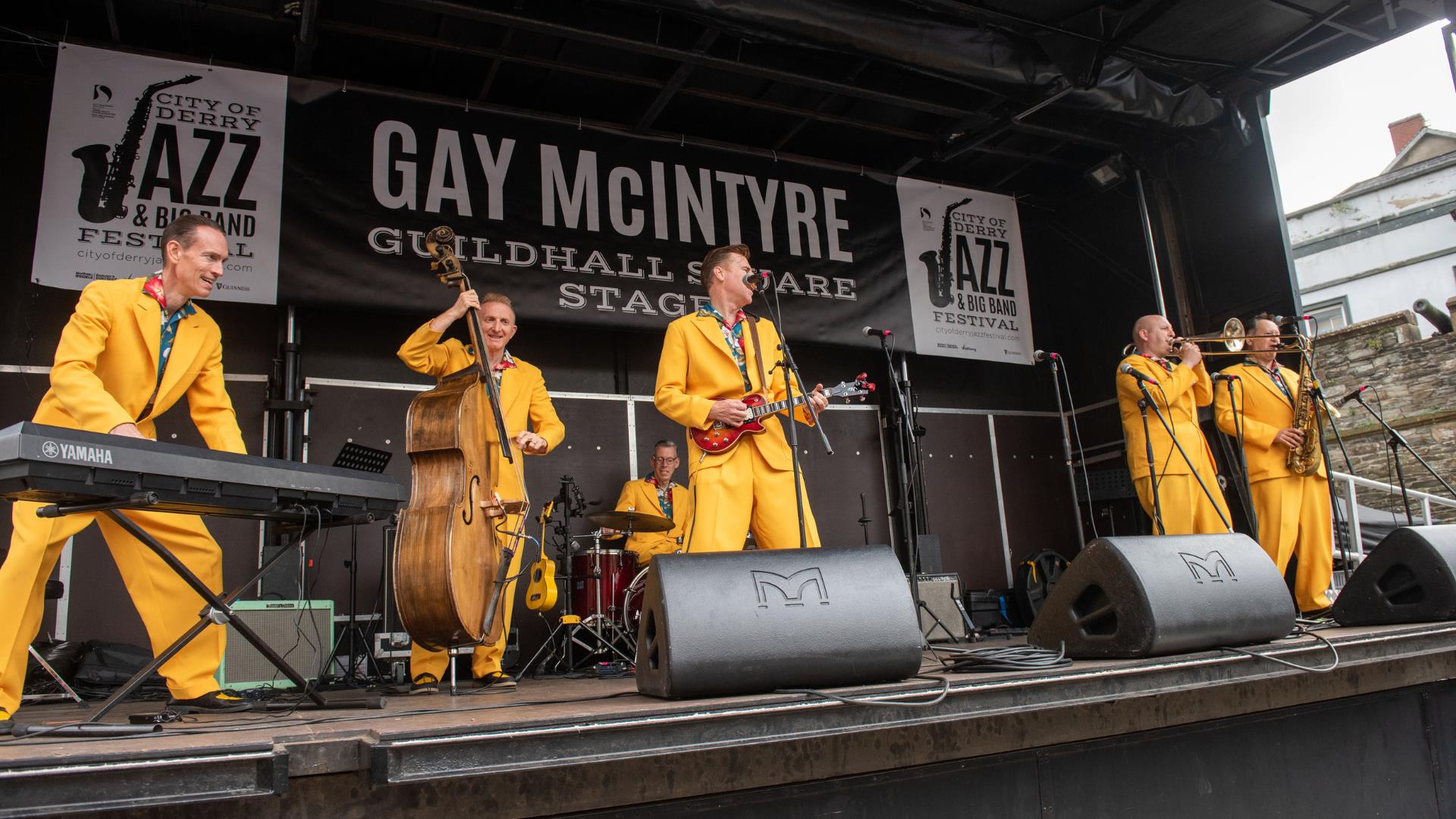 Band on stage in the Guildhall Square during the City of Derry Jazz Festival