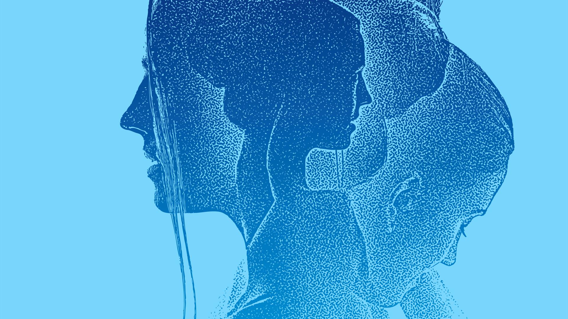 A blue image with a dark blue graphic of a woman in 3 different poses super imposed on each other. the image implies distress / thought.