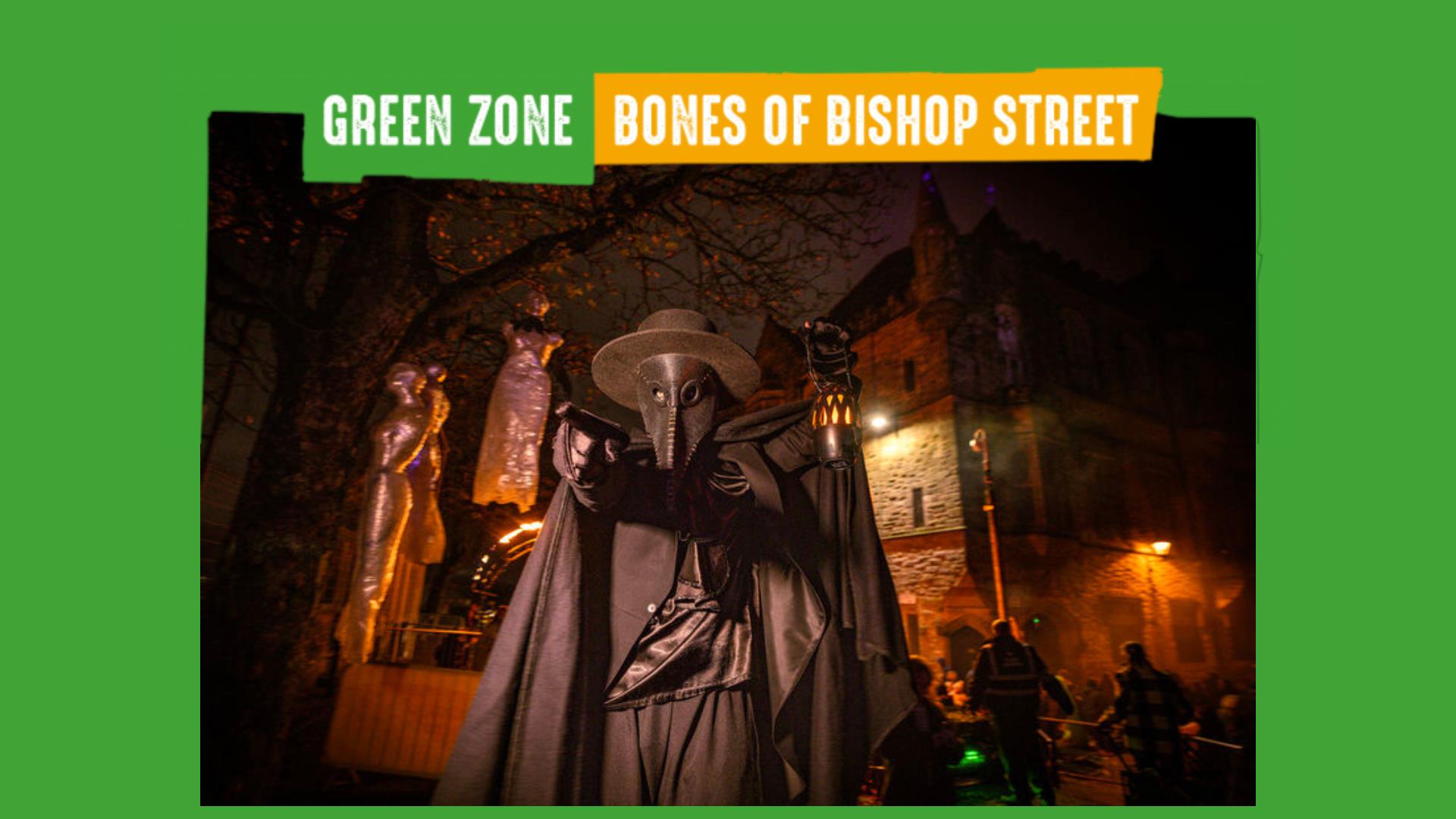 Character on the Walls promoting the Bones of Bishops Street aspect of the Derry Halloween Awakening Trail