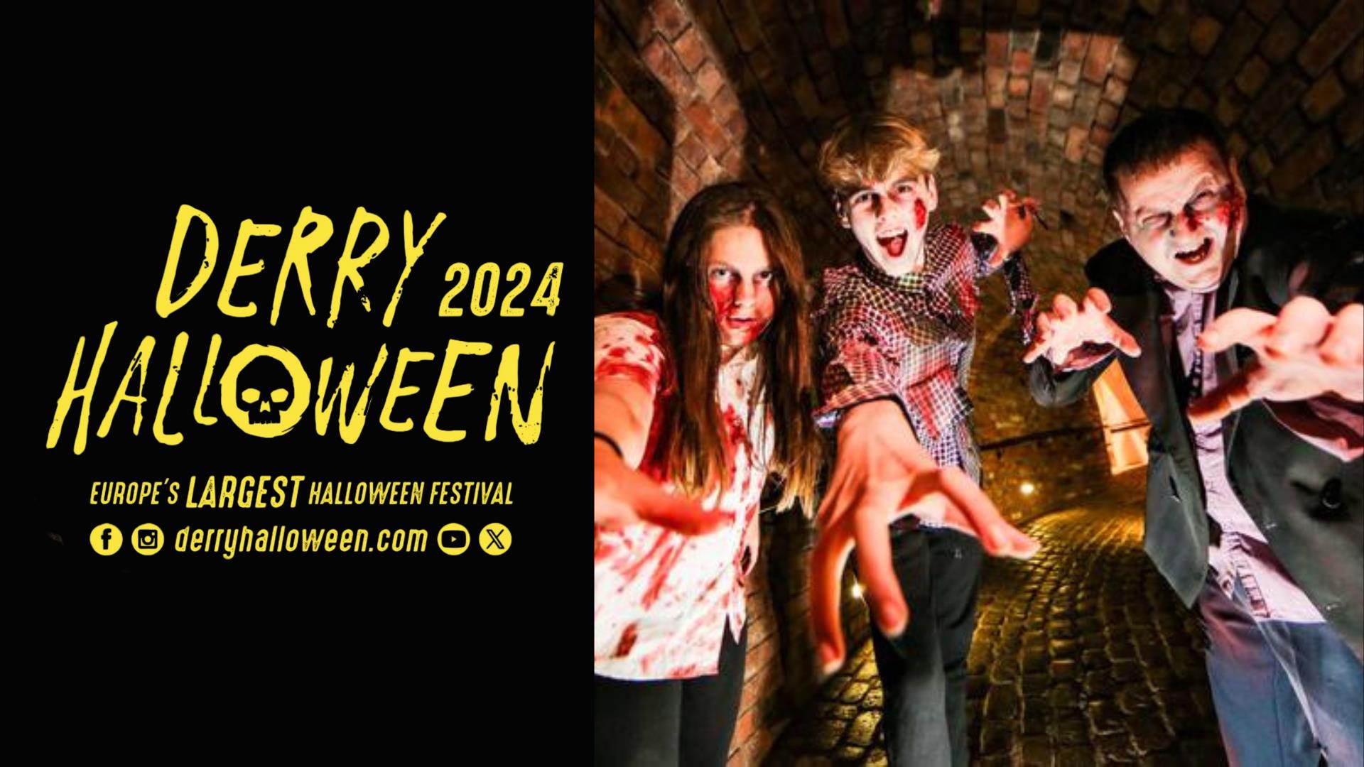 The Derry Halloween logo and three people making scary poses.