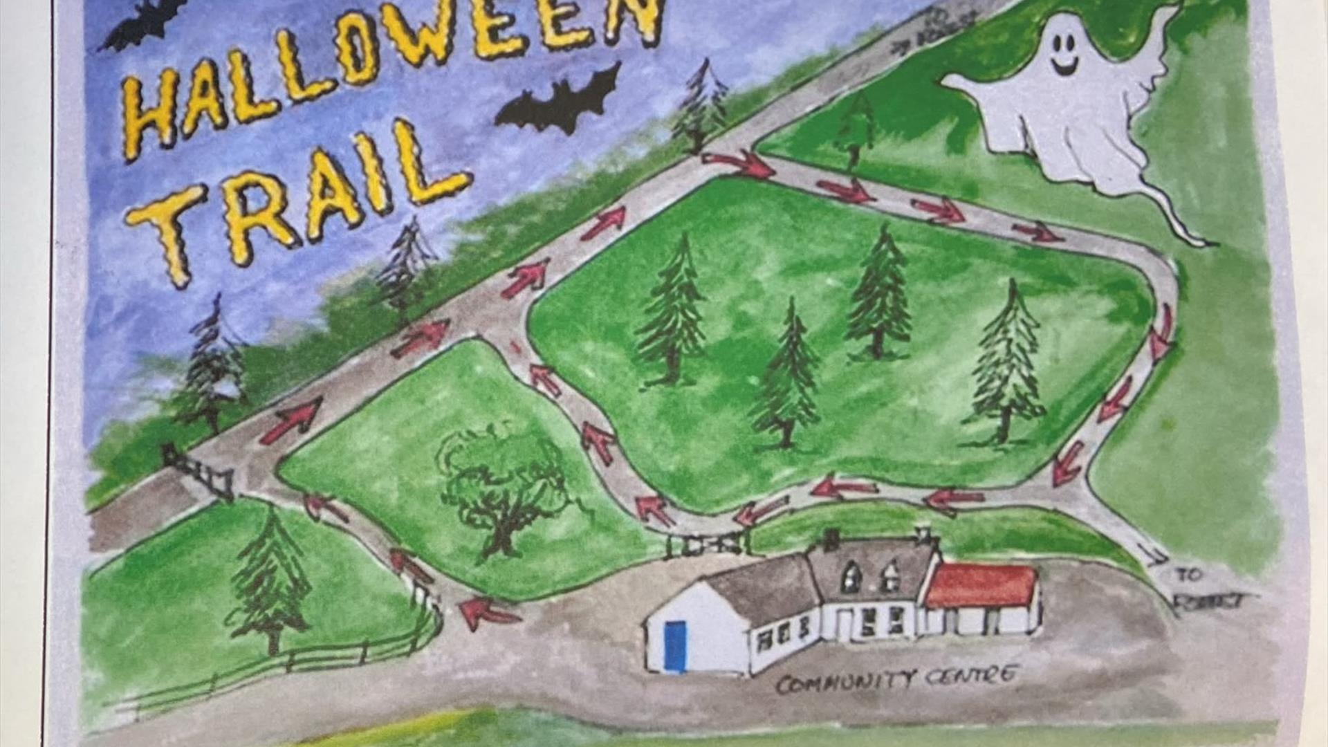 Drawing of community centre and trail paths through forest