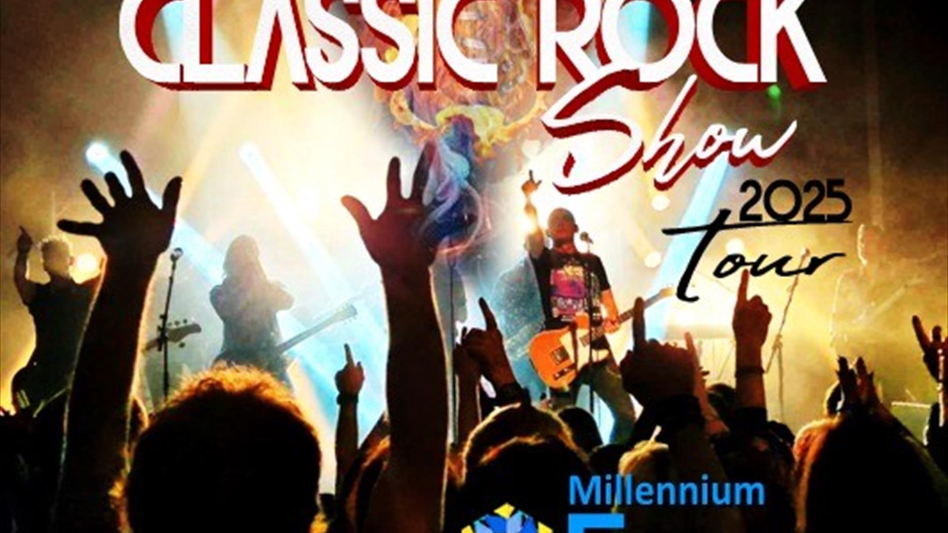 Promotional poster for 'Rock Rising: The Supreme Classic Rock Show 2025 Tour,' featuring a vibrant rock concert scene with raised hands and bright sta