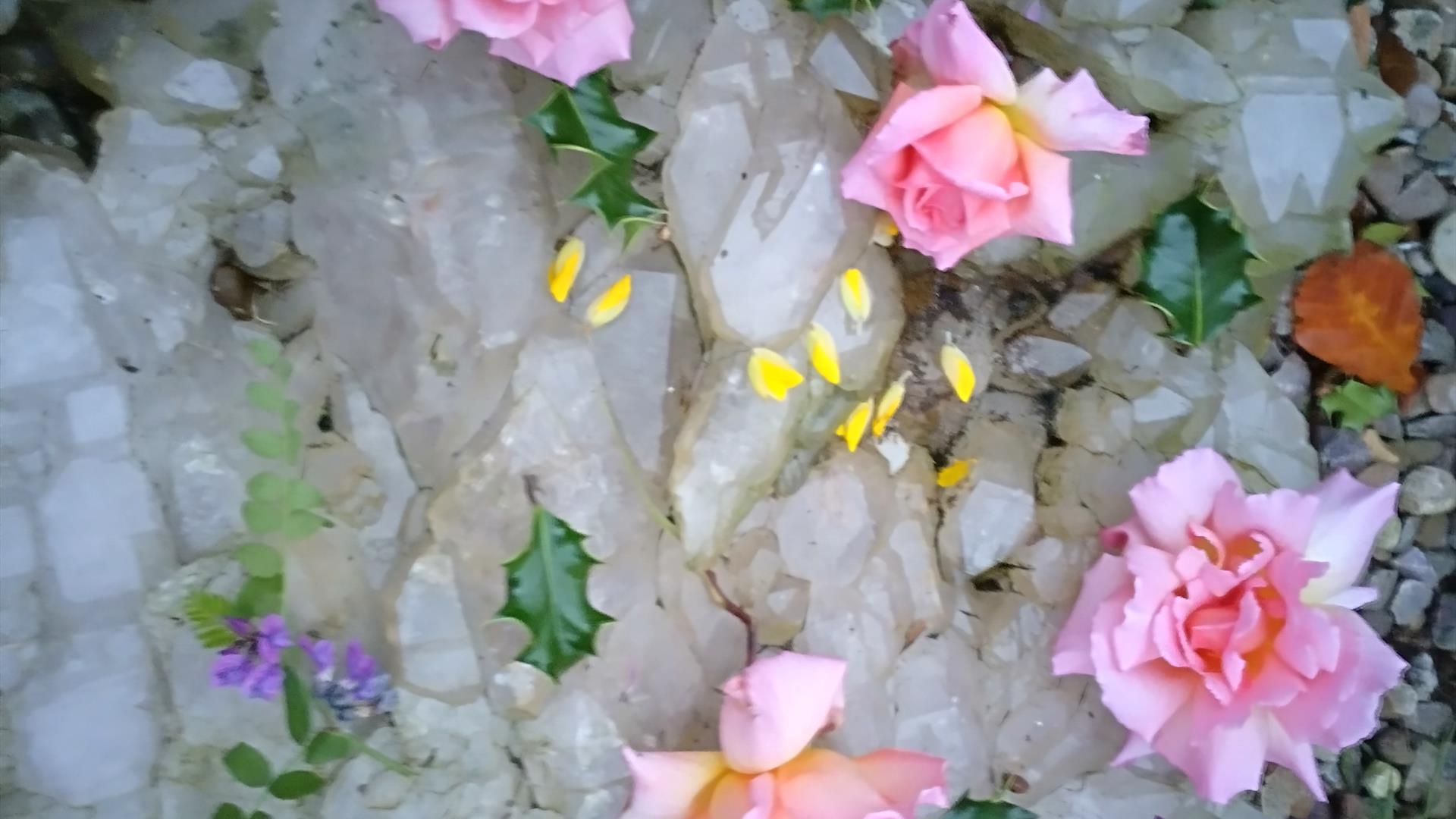 Picture of crystal with roses on top for healing Mandela