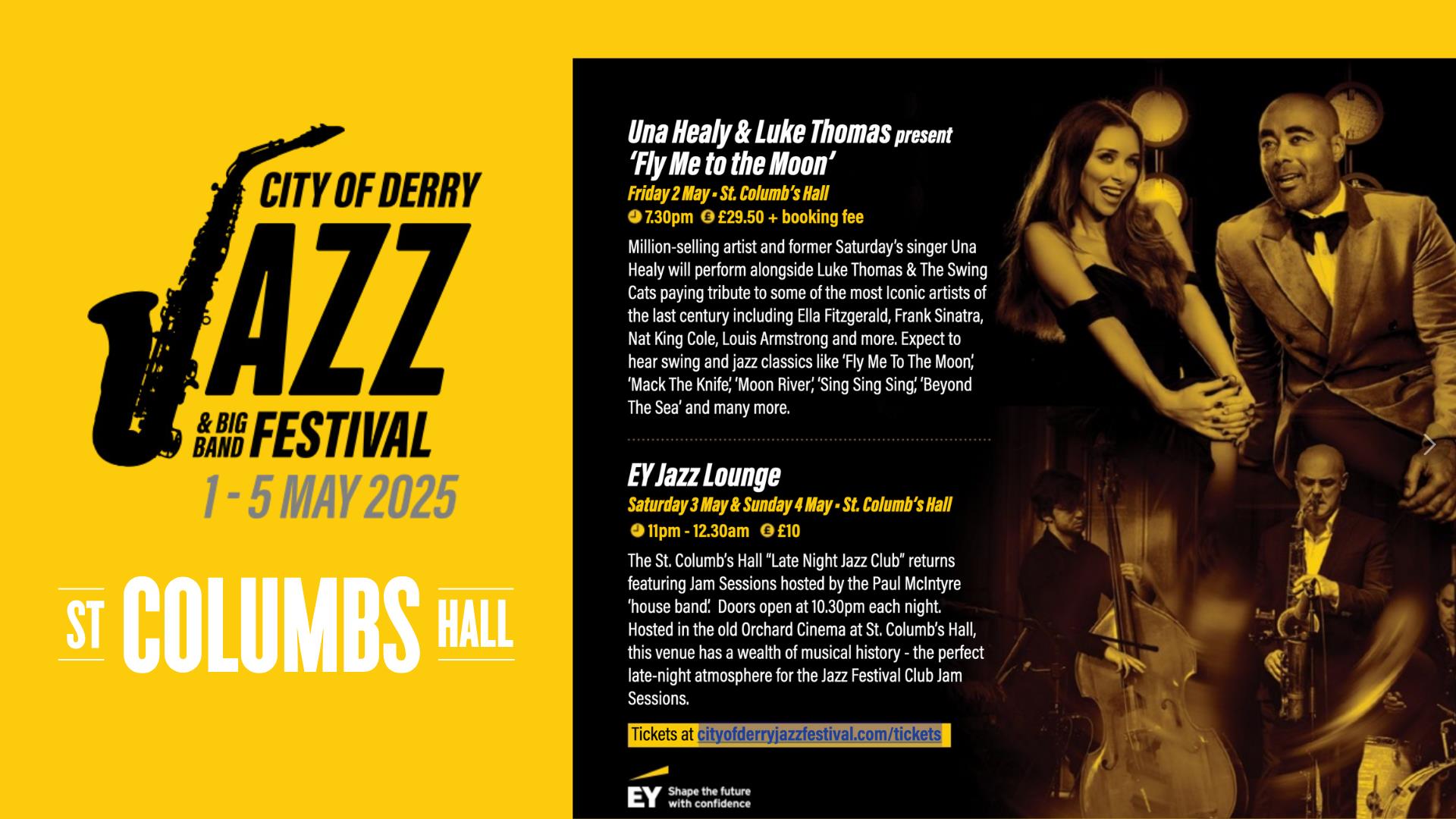 The Jazz Festival and St Columb's Hall logos beside listings for the events and images of the performers.